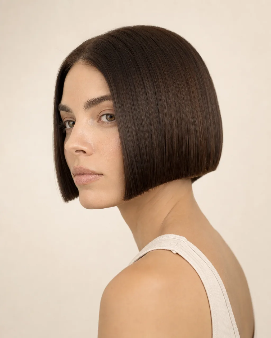 Bob curto na linha da mandíbula — Castanho escuro fechado, brilhante, sem mechas — o corte é o assunto