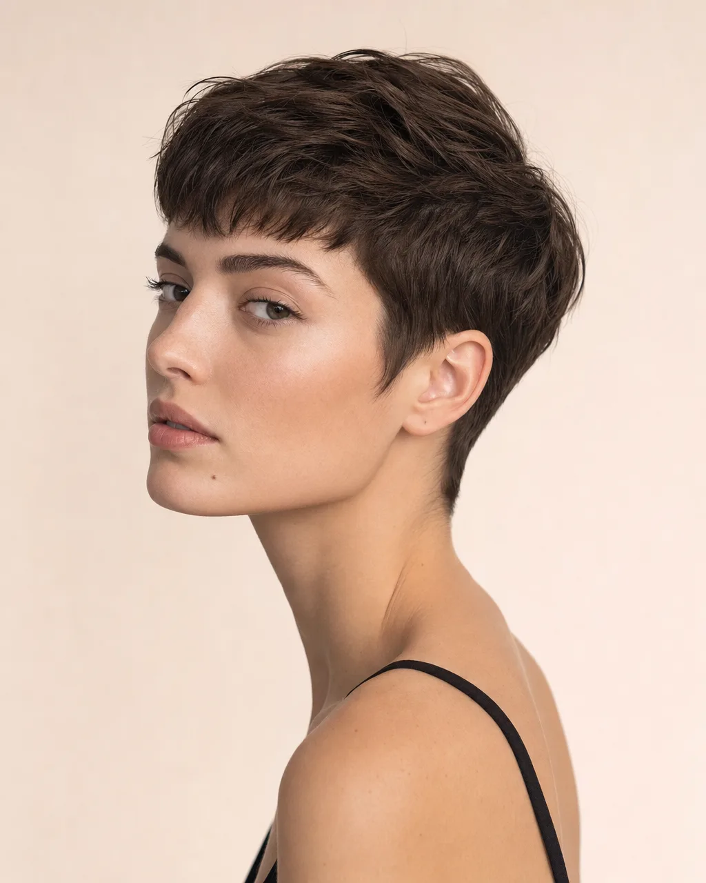Pixie curto com nuca raspada — Castanho escuro natural, sem mecha — o corte é o assunto inteiro
