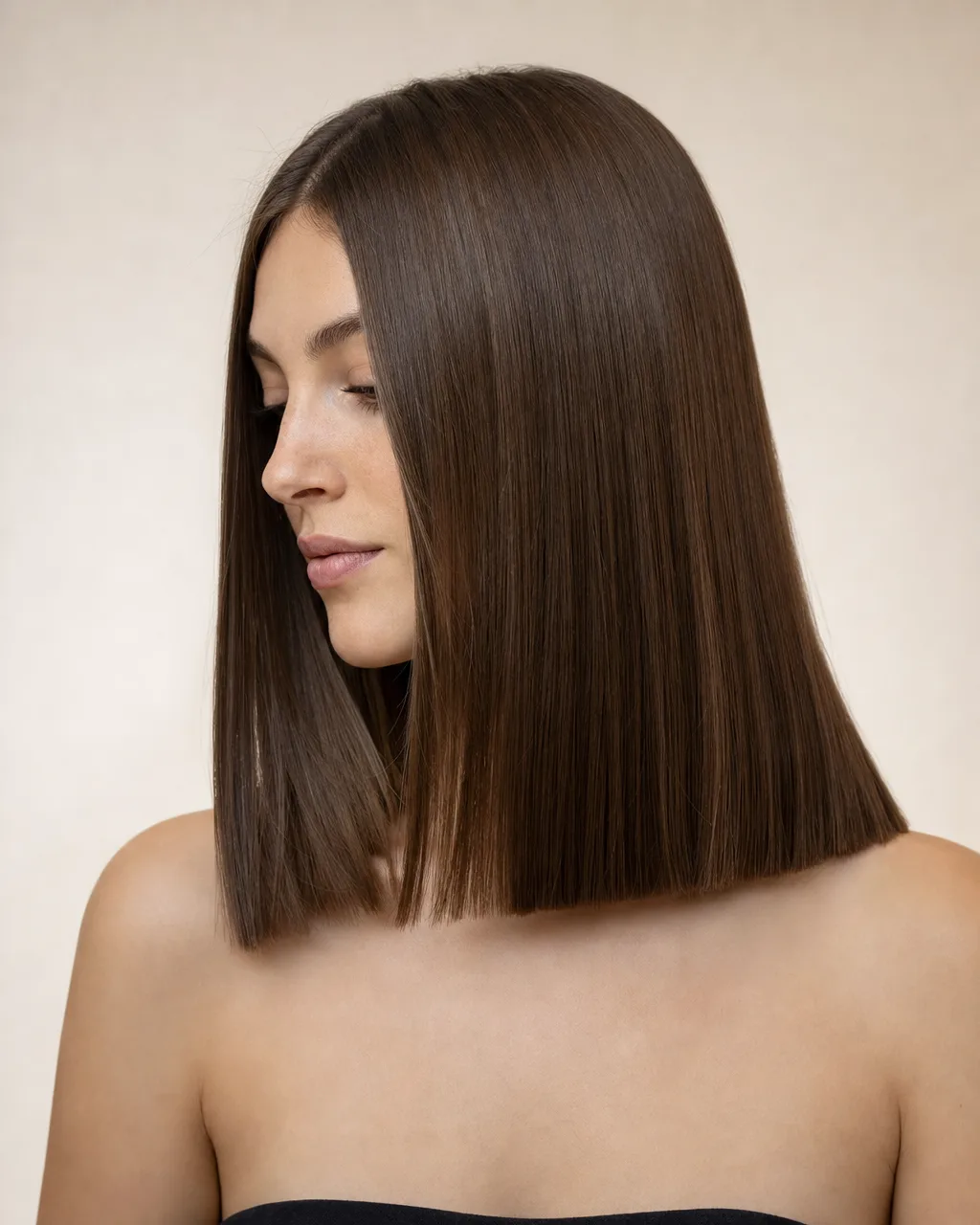Corte reto com moldura longa — Castanho frio uniforme, sem mechas, com brilho de espelho