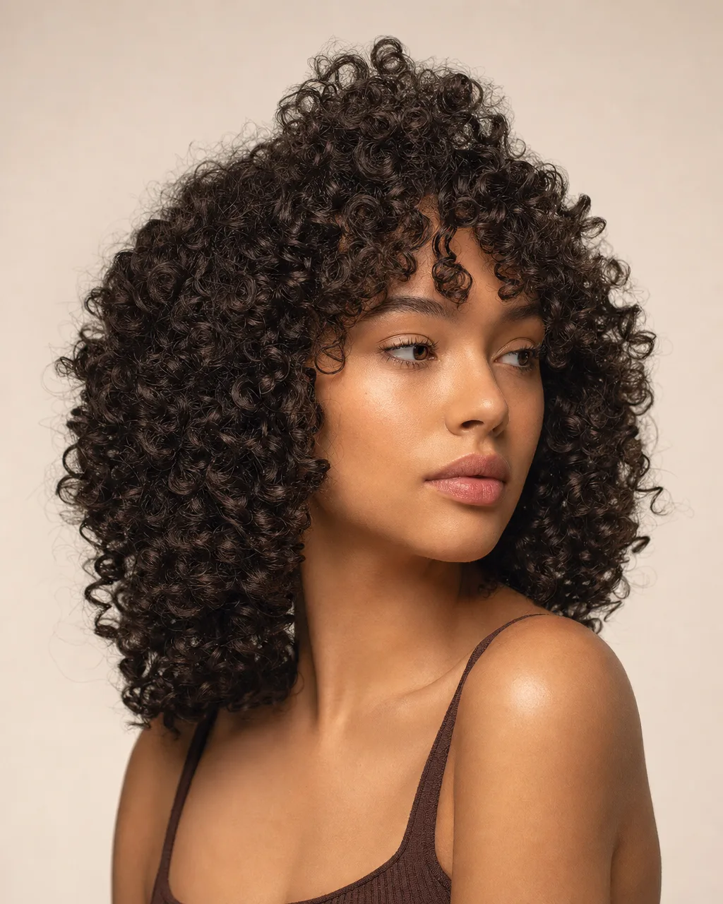 Corte em camadas para cachos, feito a seco — Castanho natural sem química, com o brilho vindo da definição e não da cor